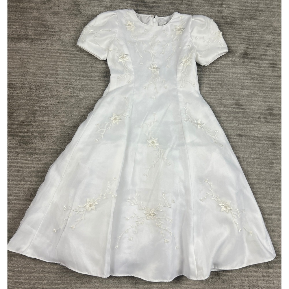 Us Angels Dress Girls 6 White Floral Embroidered Beaded Flower Girl Formal Zip